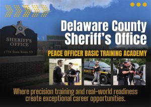 Delaware County Sheriff's Office entrance building photo with "Peace Officer Basic Training Academy."